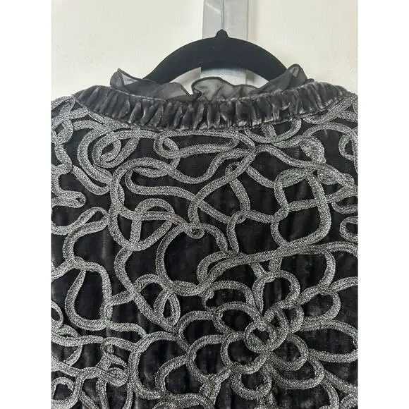 Chico's Velvet Silver Cord Ruffled Jacket sz XL Dark Grey Boho Retro V Neck E10 - Picture 5 of 7